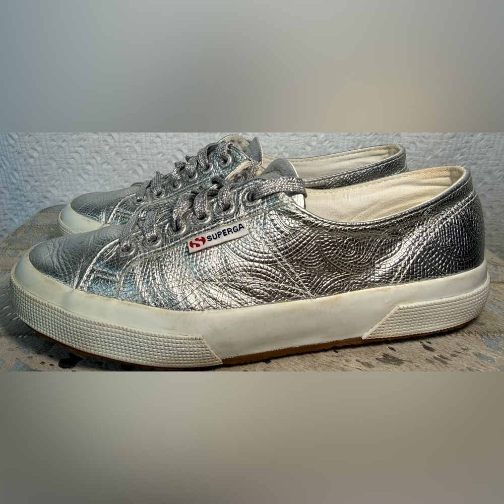 Superga Silver Metallic Embossed Platform Sneakers EU 39 US 8.5